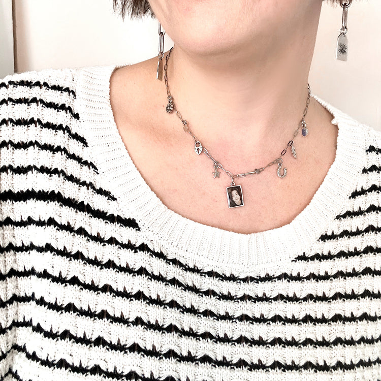 Pet Memorial Custom Photo Tiny Charm Necklace One Charm Paperclip Chain