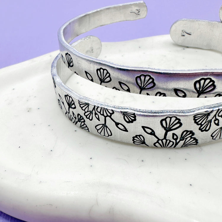 Floral Cuff Bracelet Aluminum Brass Hand Stamped Simple Flowers