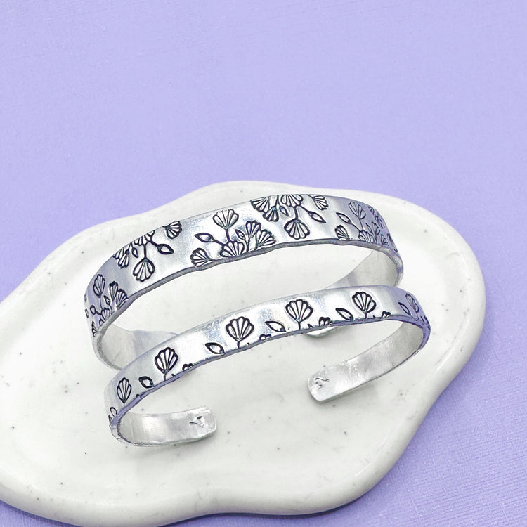 Floral Cuff Bracelet Aluminum Brass Hand Stamped Simple Flowers