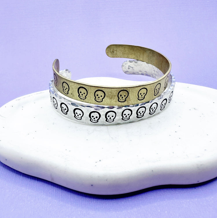 Skull Textured Cuff Bracelet Aluminum Brass Hand Stamped