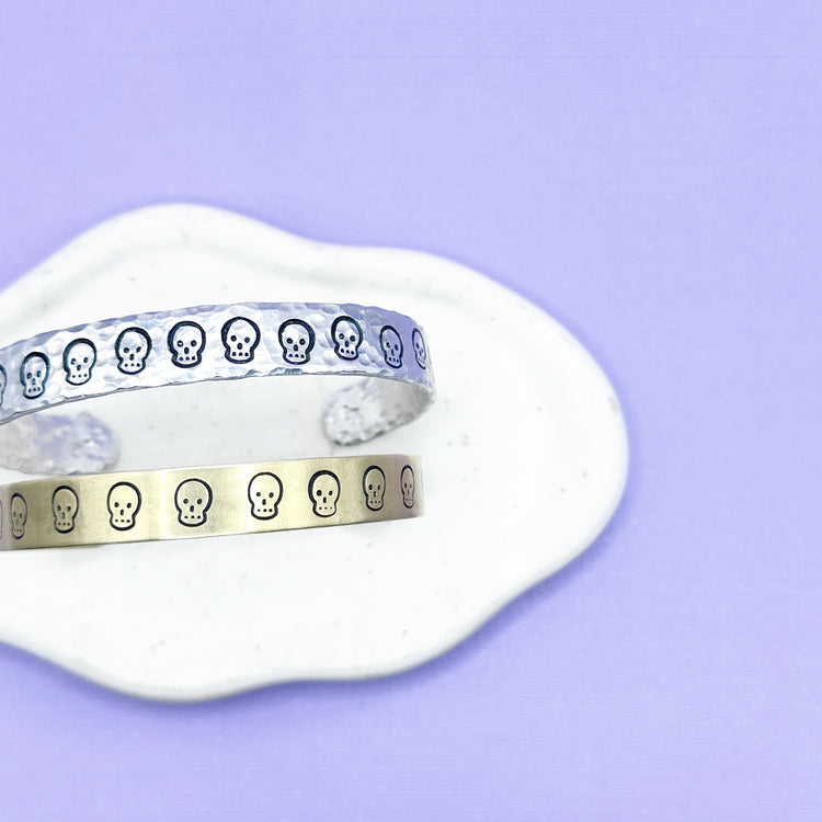Skull Textured Cuff Bracelet Aluminum Brass Hand Stamped
