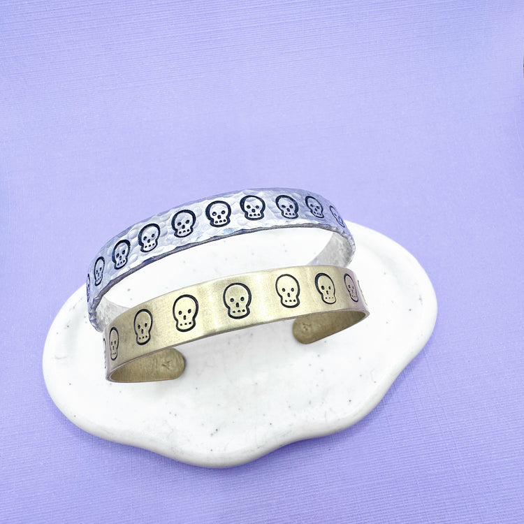 Skull Textured Cuff Bracelet Aluminum Brass Hand Stamped
