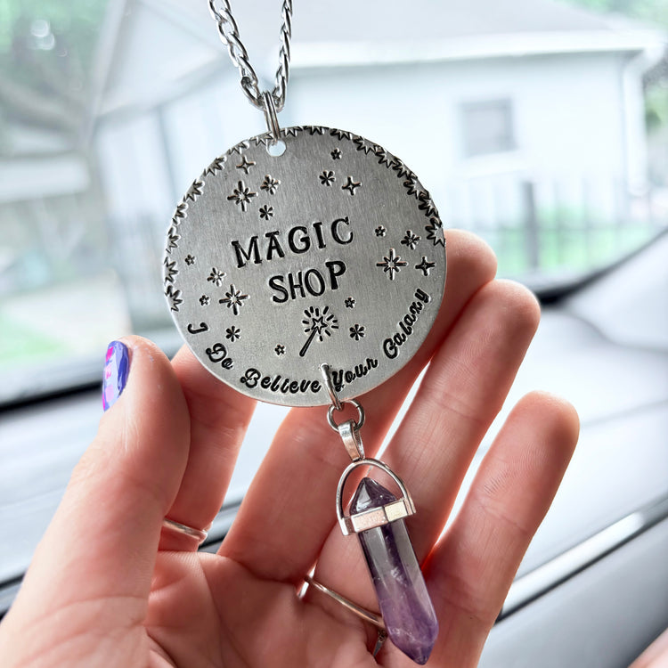 Magic Shop Car Charm Hand Stamped Purple Crystal Car Ornament