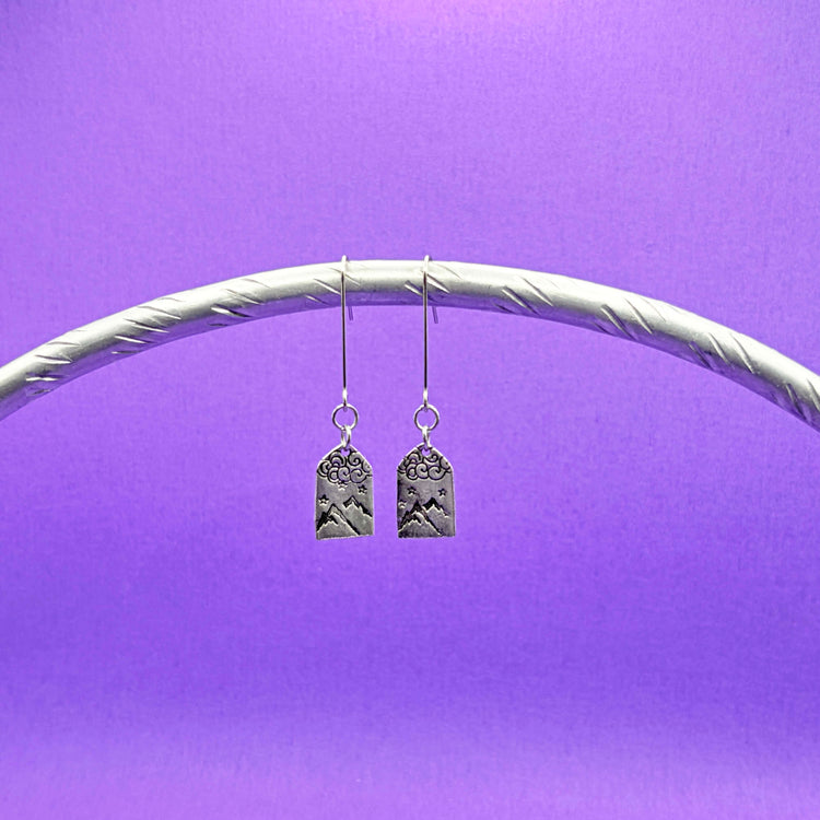 Hand Stamped Mountain Scene Dangle Earrings Silver