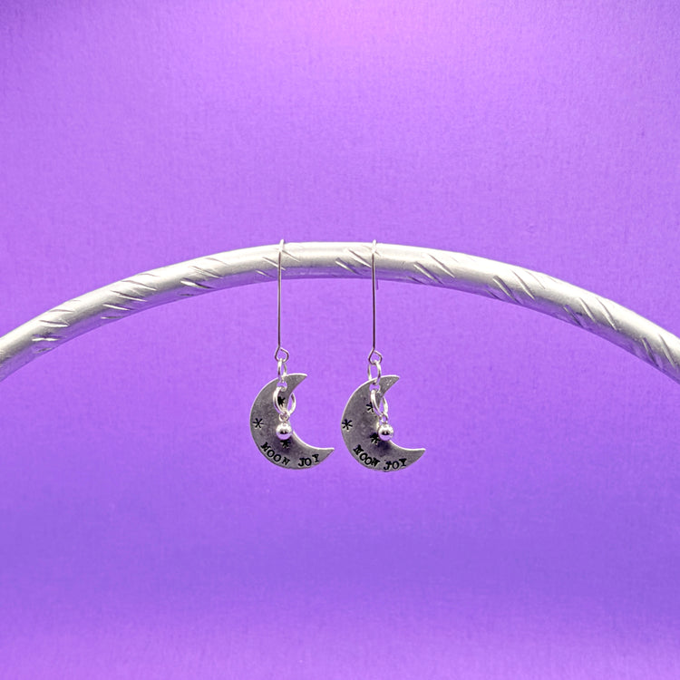 Hand Stamped Moon Joy Dangle Earrings Silver