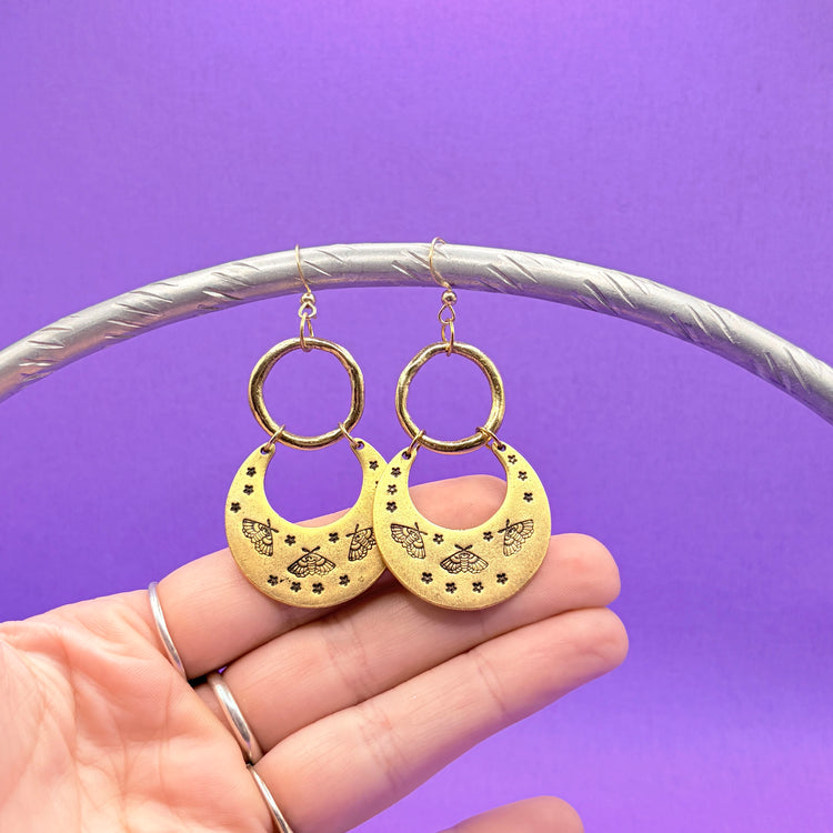 Hand Stamped Half Moon Gold Dangle Moth Pewter Earrings