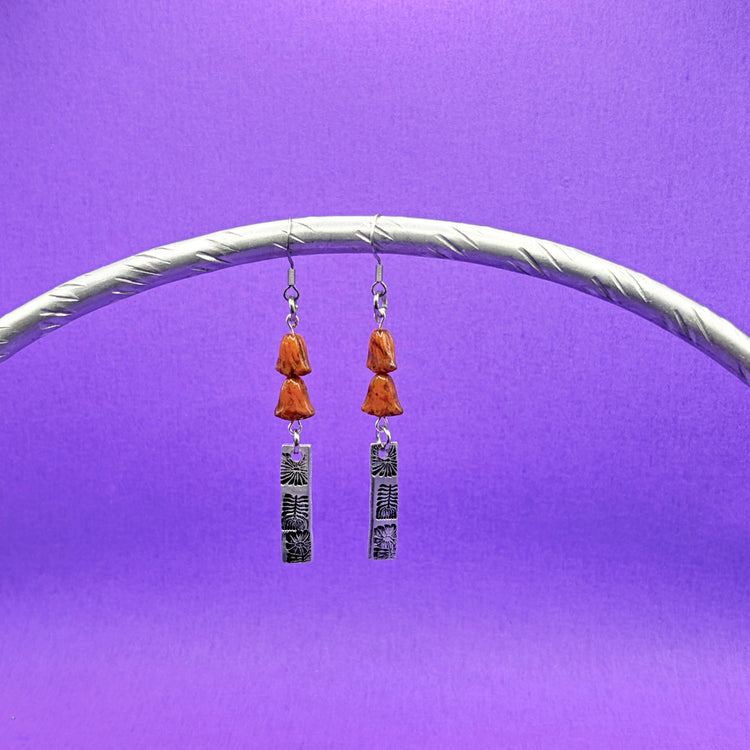 Hand Stamped Dangle Earrings Silver Floral Czech Orange Beads