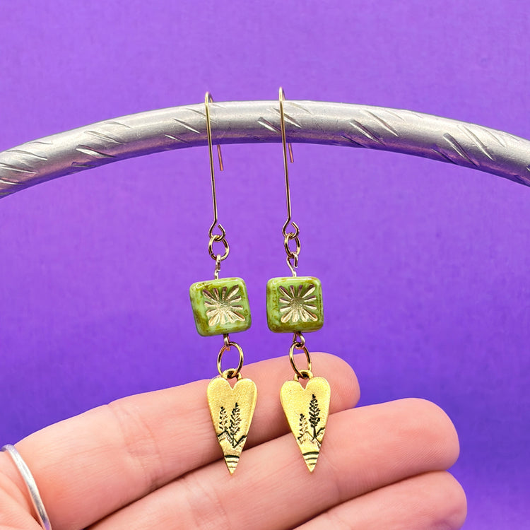 Hand Stamped Dangle Earrings Gold Heart Tree Green Czech Beads
