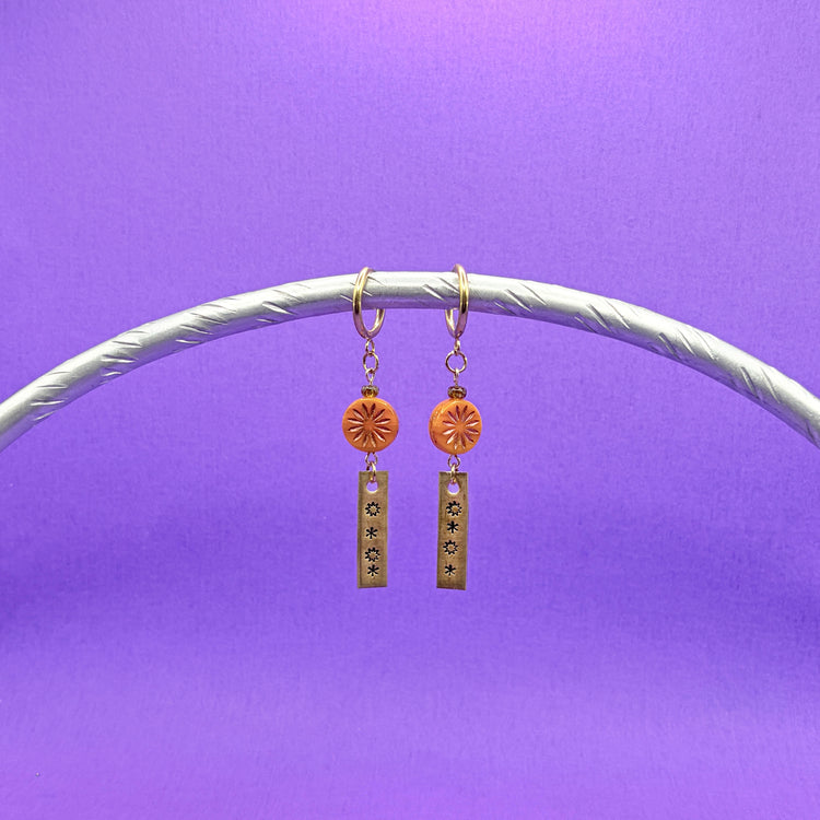 Gold Hand Stamped Star Beaded Dangle Huggie Earrings