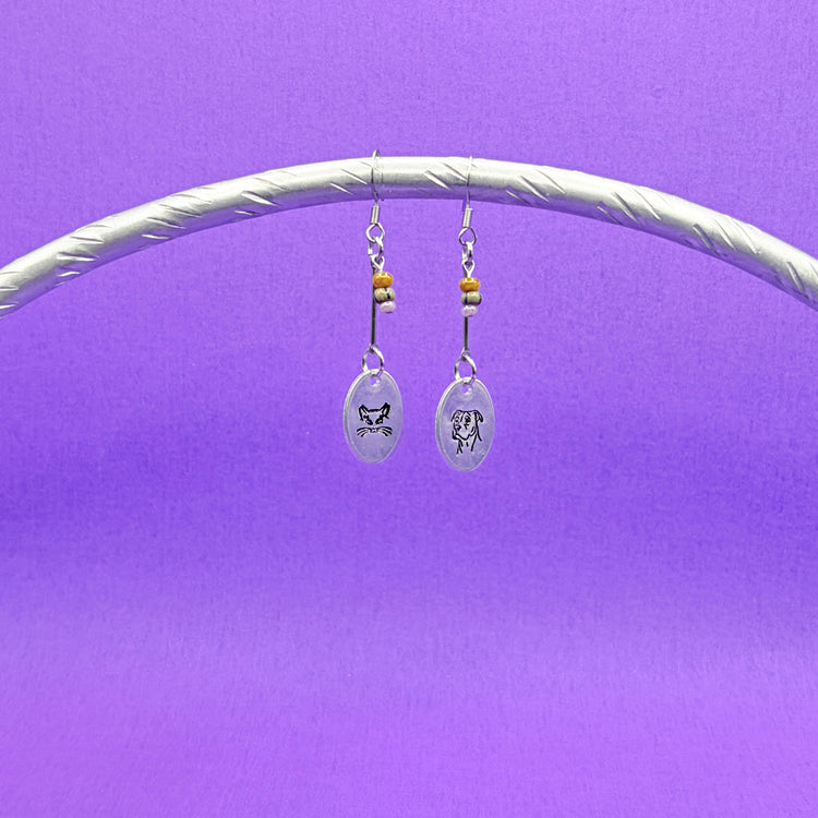 Hand Stamped Cat Dog Dangle Earrings Silver Beaded