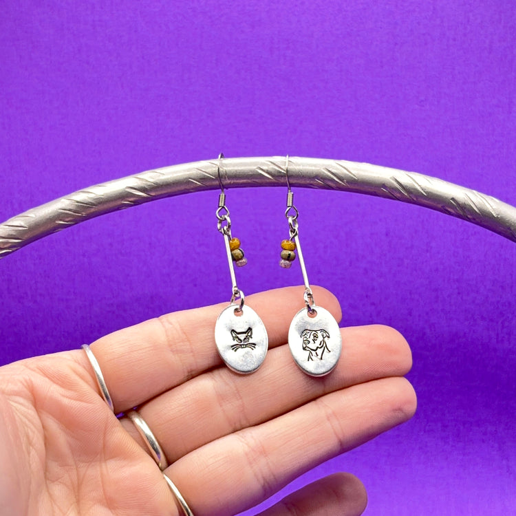 Hand Stamped Cat Dog Dangle Earrings Silver Beaded