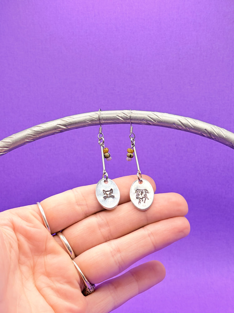 Hand Stamped Cat Dog Dangle Earrings Silver Beaded