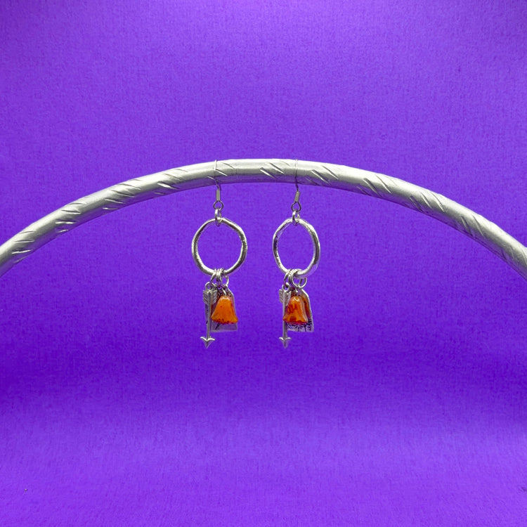 Hand Stamped Silver Pewter Dangle Charm Earrings Mountain Arrow