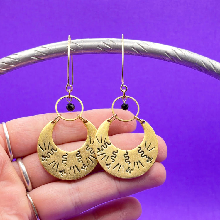 Hand Stamped Gold Half Moon Earrings Dangle