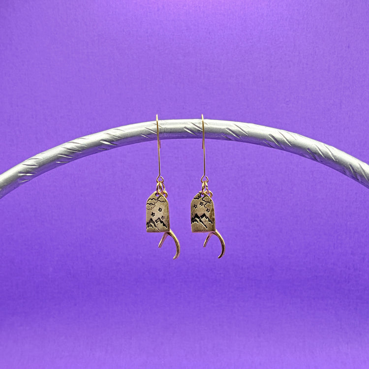 Gold Pewter Charm Hand Stamped Earrings Mountains Deer Antler