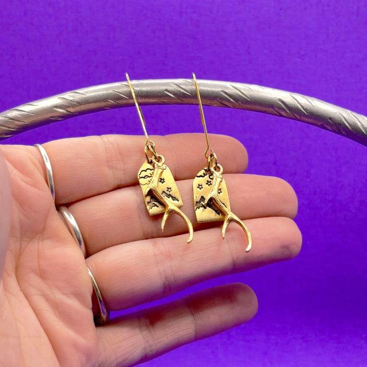 Gold Pewter Charm Hand Stamped Earrings Mountains Deer Antler