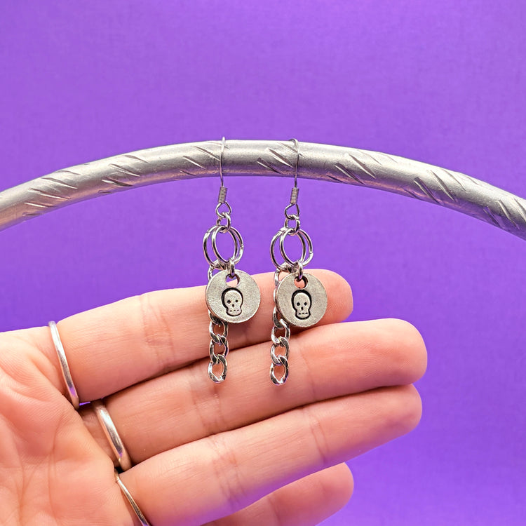 Hand Stamped Silver Skull Earrings Dangle Chain
