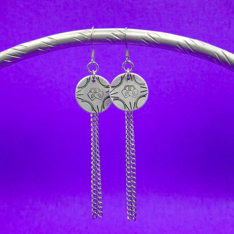Silver Hand Stamped Dangle Chain Heart Lock Earrings