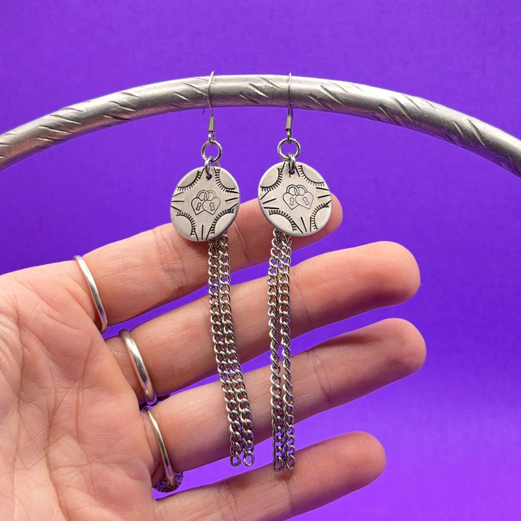 Silver Hand Stamped Dangle Chain Heart Lock Earrings