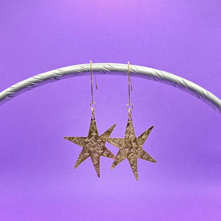 Gold Star Earrings Brass Hand Stamped Statement Earrings