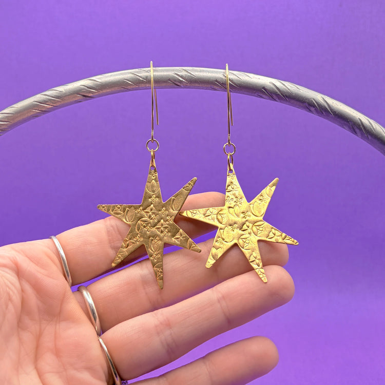 Gold Star Earrings Brass Hand Stamped Statement Earrings