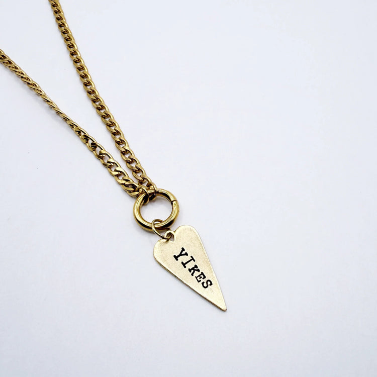 Yikes Hand Stamped Necklace Long Heart Pewter Charm Holder