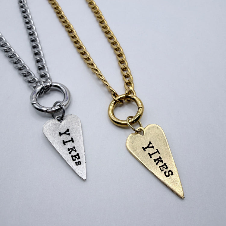 Yikes Hand Stamped Necklace Long Heart Pewter Charm Holder