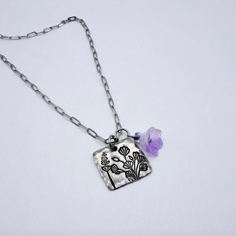 Wild Flower Hand Stamped Charm Necklace Purple Flower Charm