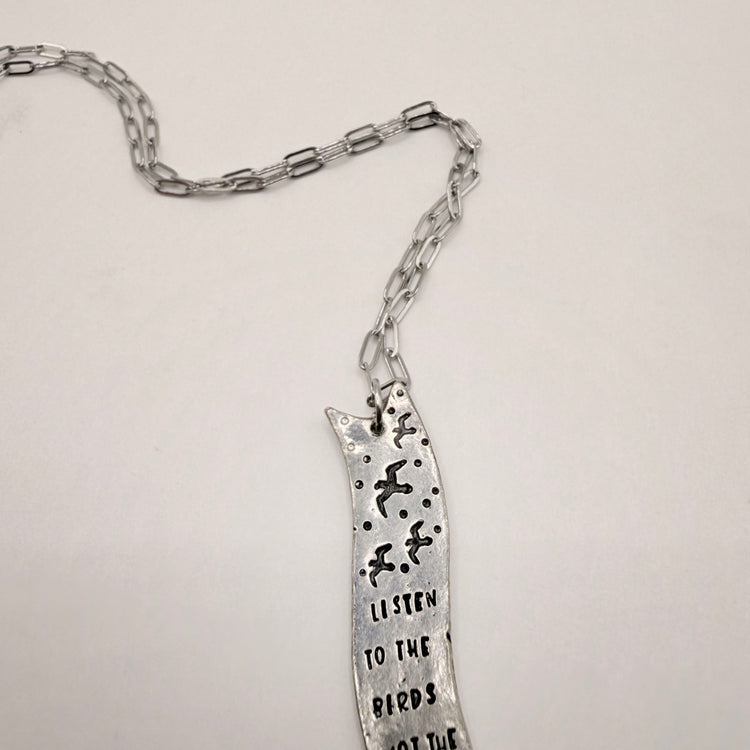 Listen To The Birds Not The News Silver Pewter Charm Necklace Hand Stamped