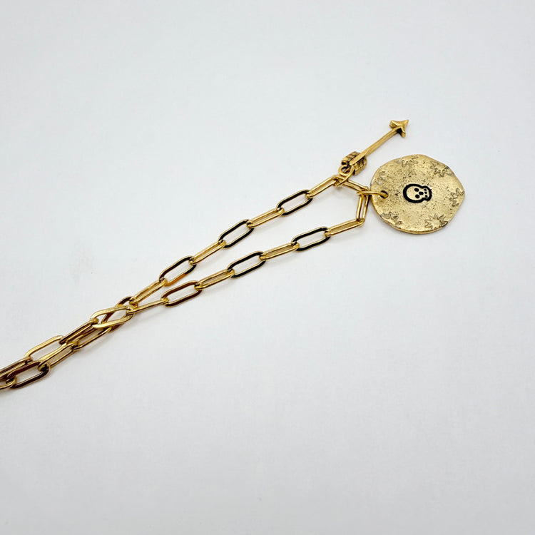 Gold Skull Hand Stamped Necklace Arrow Gothic
