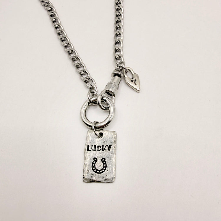 Lucky Charm Necklace Pewter Tag Hand Stamped Horseshoe 7 Silver