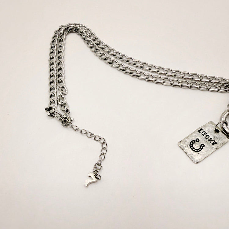 Lucky Charm Necklace Pewter Tag Hand Stamped Horseshoe 7 Silver