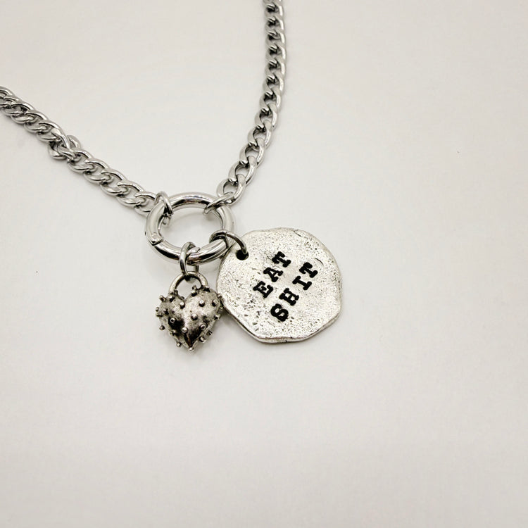 Hand Stamped Eat Shit Pewter Silver Charm Holder Necklace