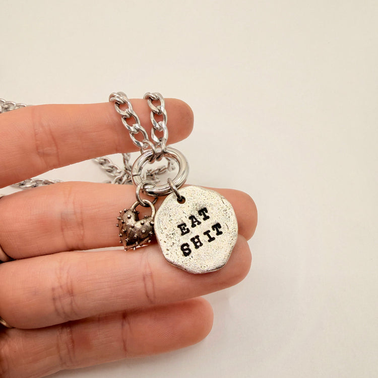 Hand Stamped Eat Shit Pewter Silver Charm Holder Necklace