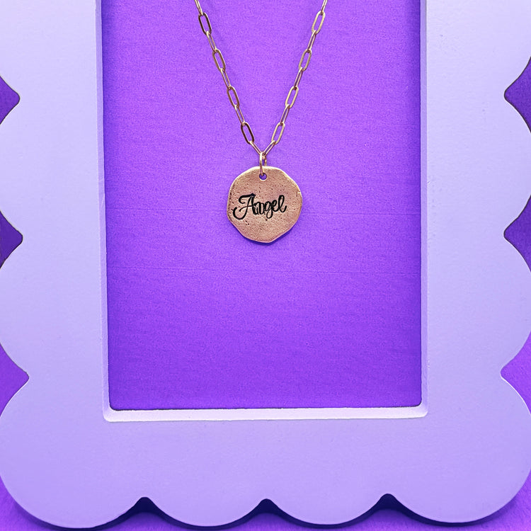 Angel Gold Hand Stamped Disc Necklace Charm