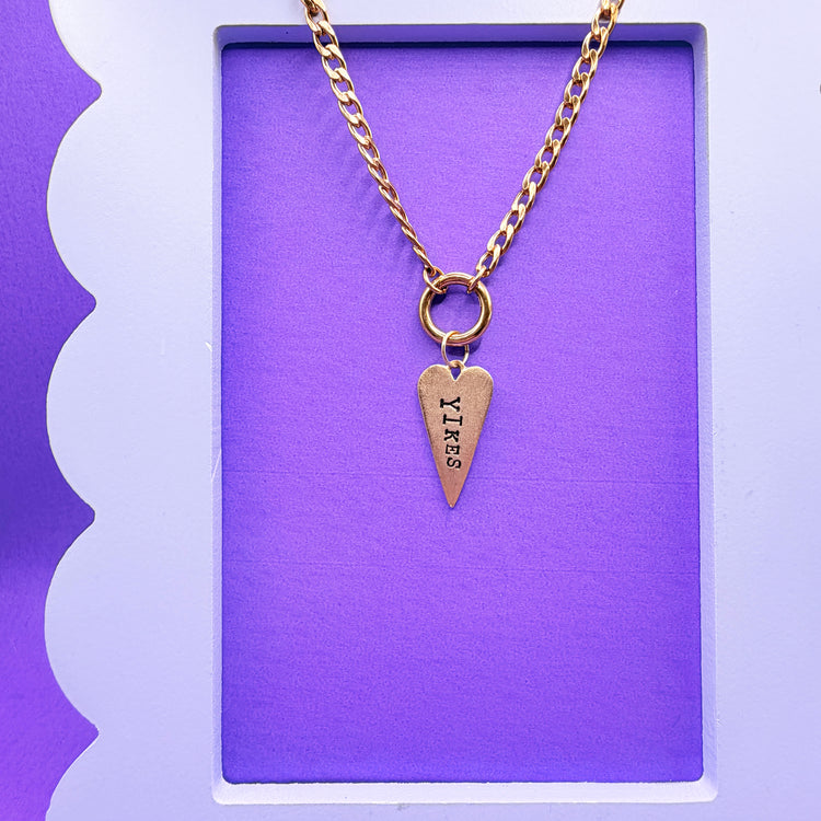 Yikes Hand Stamped Necklace Long Heart Pewter Charm Holder
