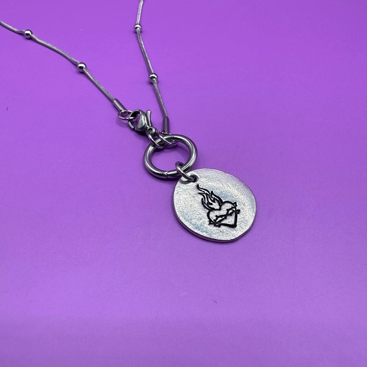 Sacred Heart Necklace Pewter Pebble Front Closure Satellite Chain