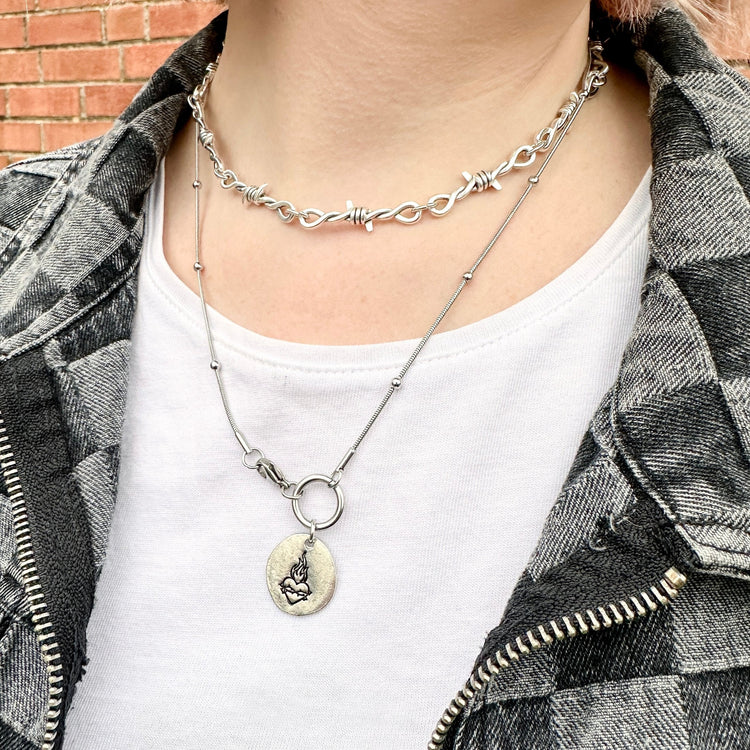 Sacred Heart Necklace Pewter Pebble Front Closure Satellite Chain