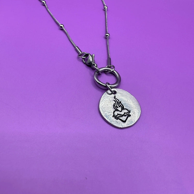 Sacred Heart Necklace Pewter Pebble Front Closure Satellite Chain