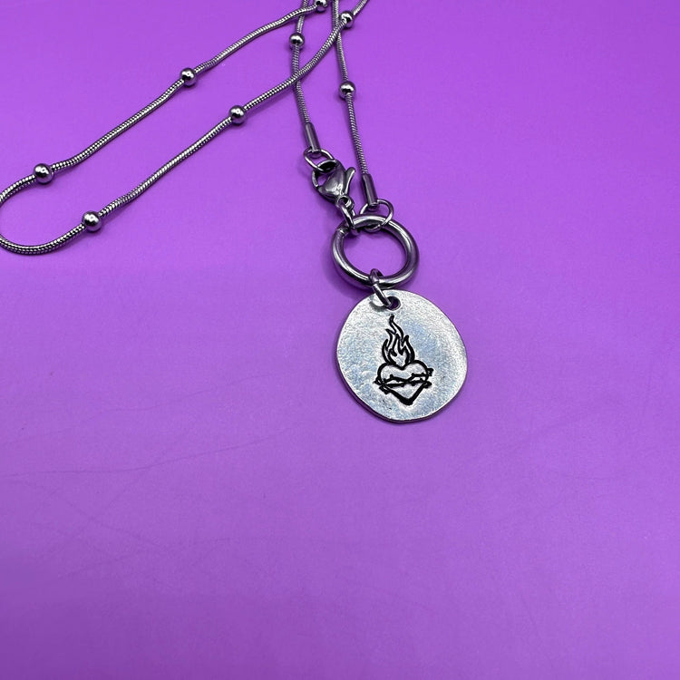 Sacred Heart Necklace Pewter Pebble Front Closure Satellite Chain