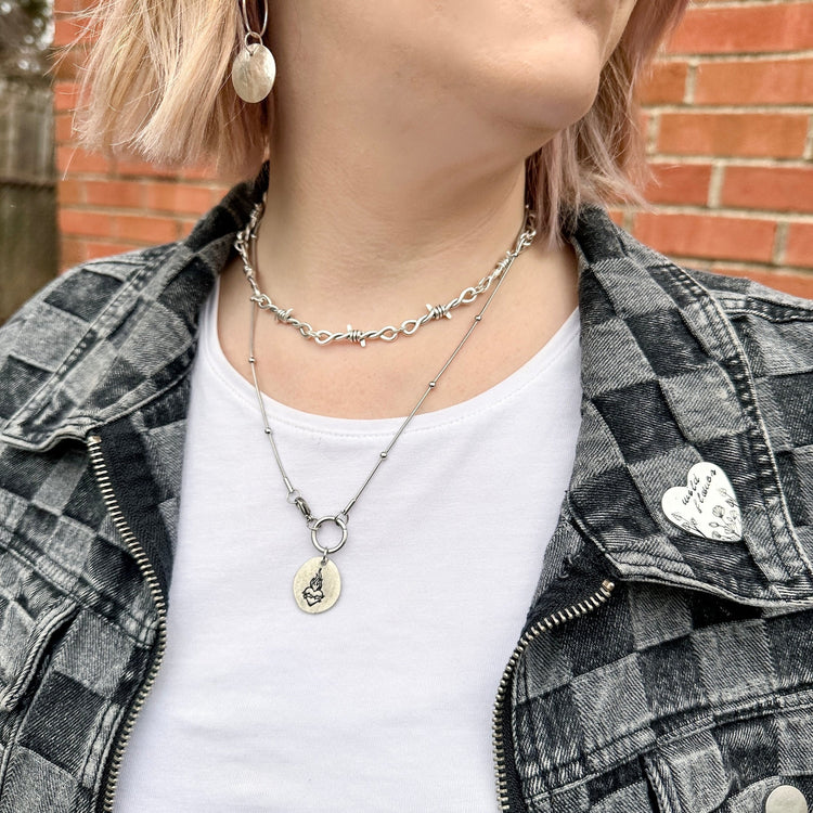 Sacred Heart Necklace Pewter Pebble Front Closure Satellite Chain