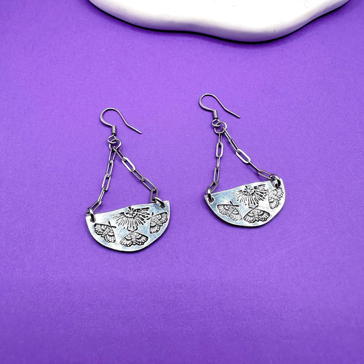 Mimicry Moth To A Flame Earring Hand Stamped Earrings Dangle Jewelry Gift