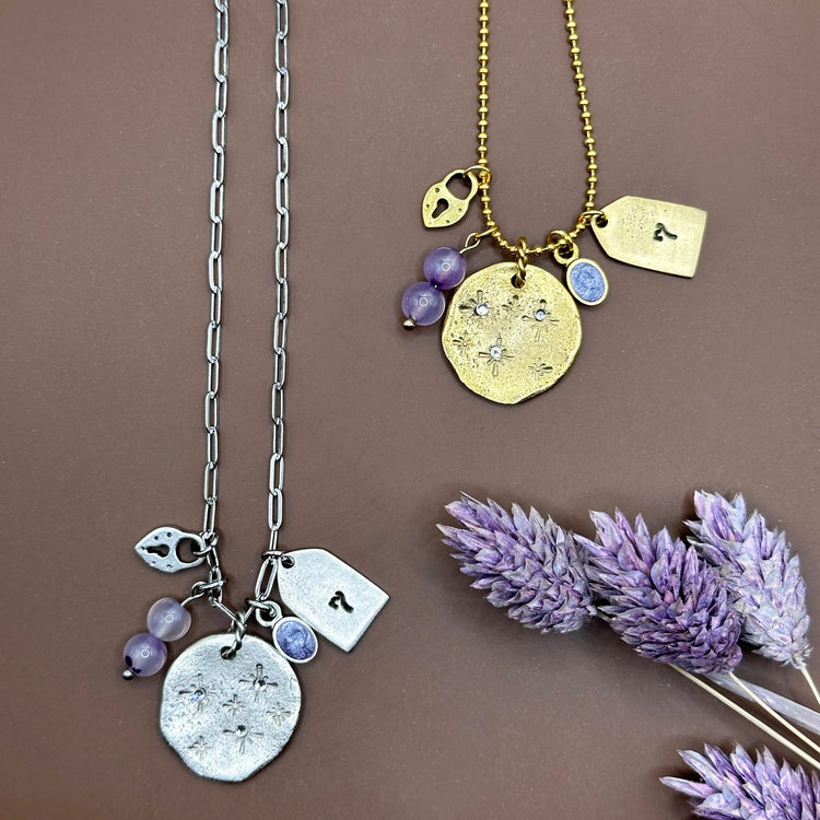 Organic Stacked 7 Charm Necklace Gold or Silver BTS Subtle Merch