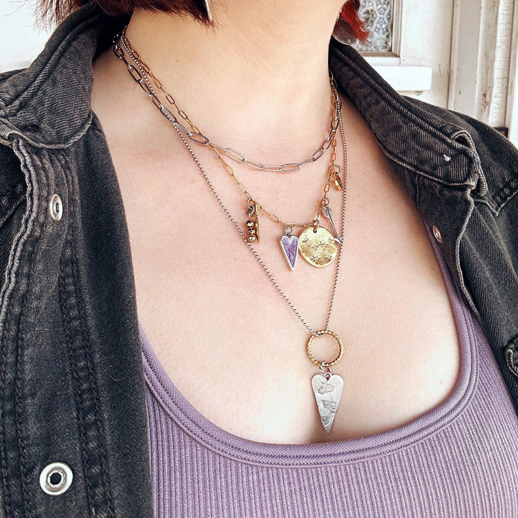 Long Heart Moth Necklace Mixed Metals Hand Stamped Charm Organic