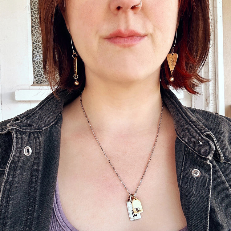 Long Heart Pearl Earrings Hand Stamped Vintage Pearl Bead Organic