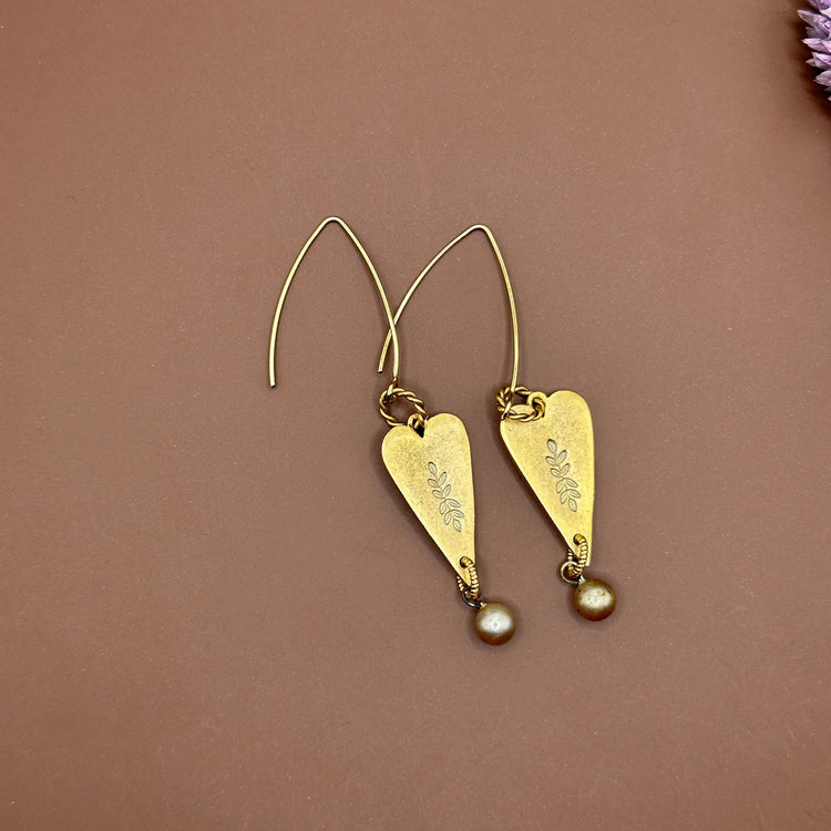 Long Heart Pearl Earrings Hand Stamped Vintage Pearl Bead Organic