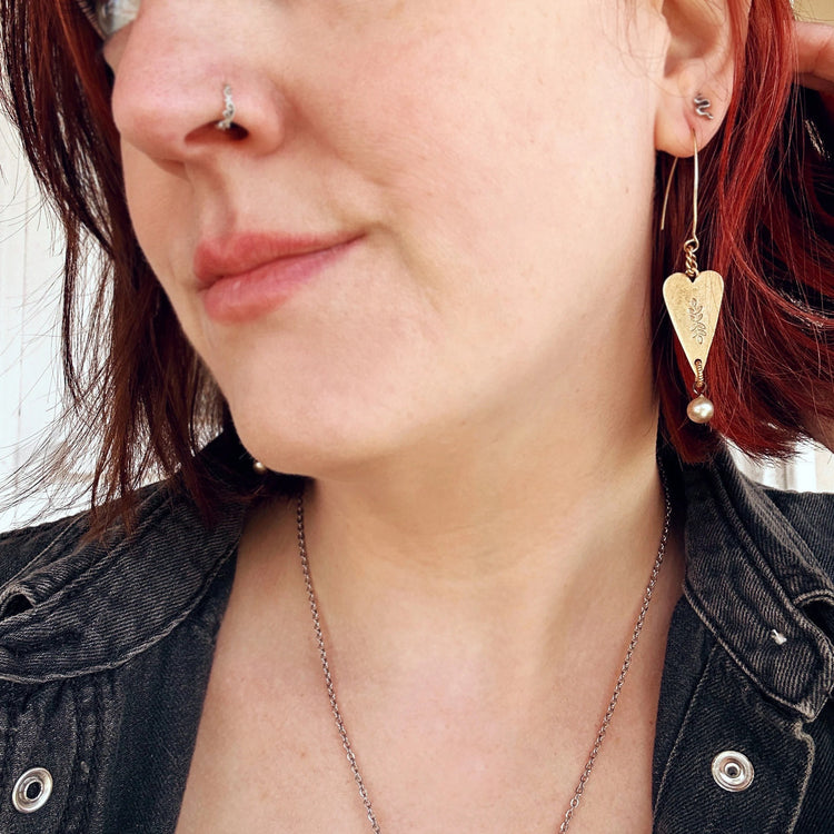 Long Heart Pearl Earrings Hand Stamped Vintage Pearl Bead Organic