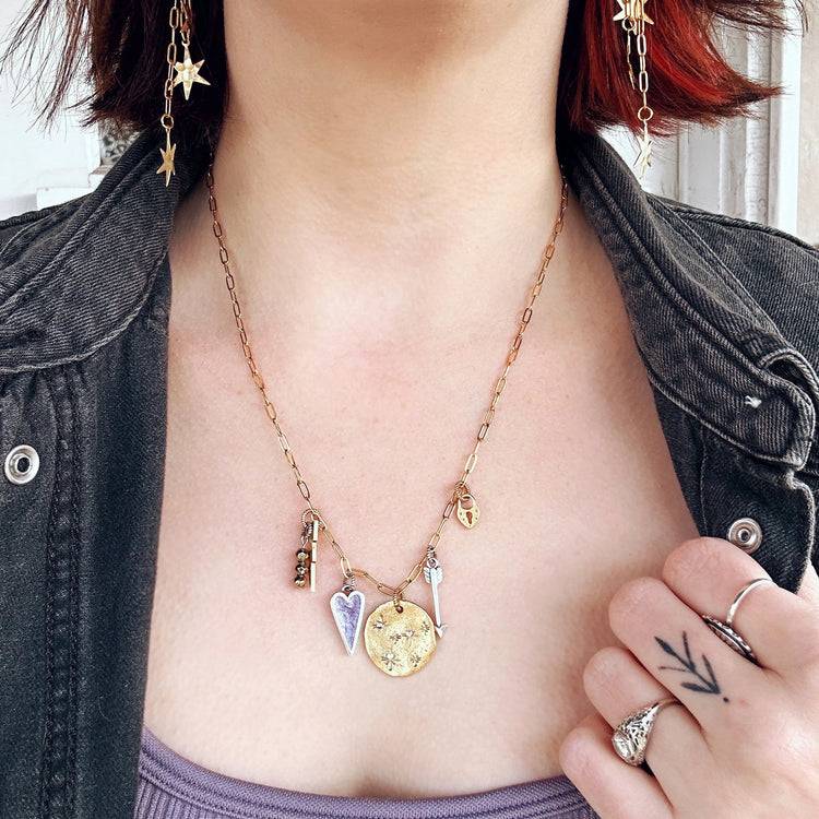 Purple Love Charm Necklace Paperclip Chain Organic Hand-stamped Jewelry