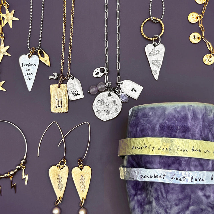 Purple Love Charm Necklace Paperclip Chain Organic Hand-stamped Jewelry