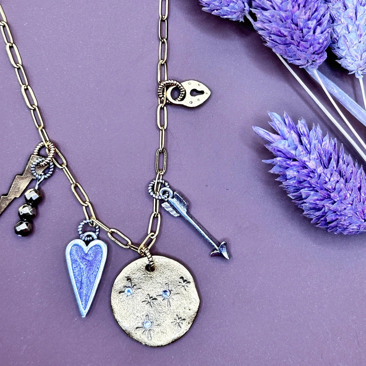 Purple Love Charm Necklace Paperclip Chain Organic Hand-stamped Jewelry